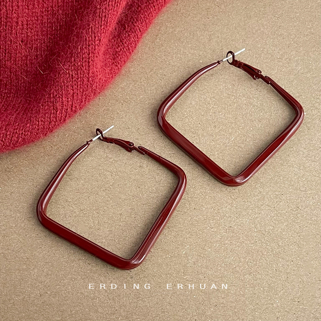 Style Retro Red Paint Texture Square Geometric Earrings
