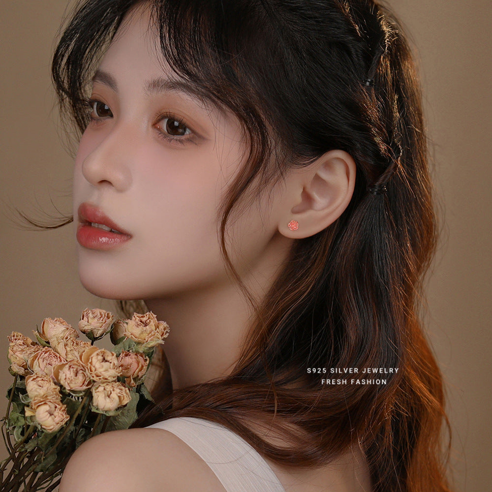Sier Colorful Rose French Style Retro Earrings