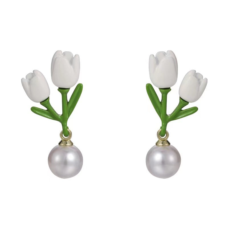 Women's Niche Design Paint Tulip Pearl Fashion Earrings