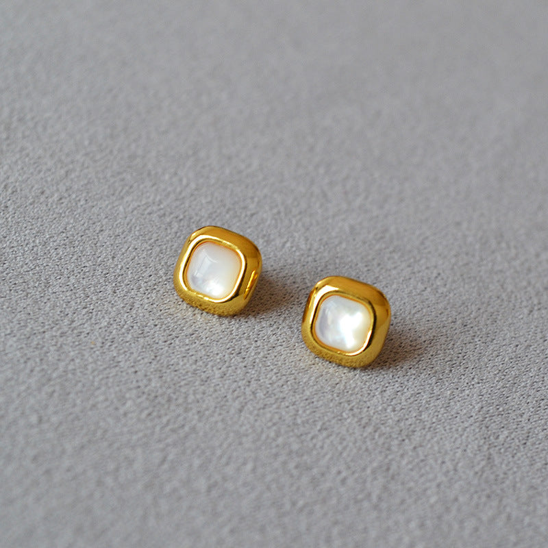 Geometric Square Mother Shell Inlaid Tigereye Sier Earrings