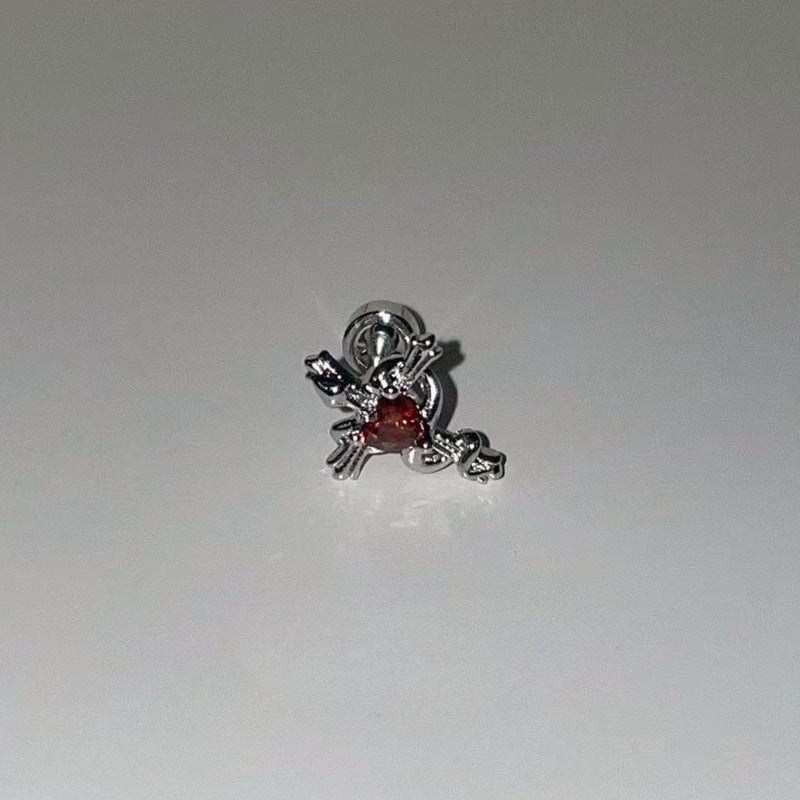 Crow Black Ear Bone Titanium Steel Screw Red Zircon Rings
