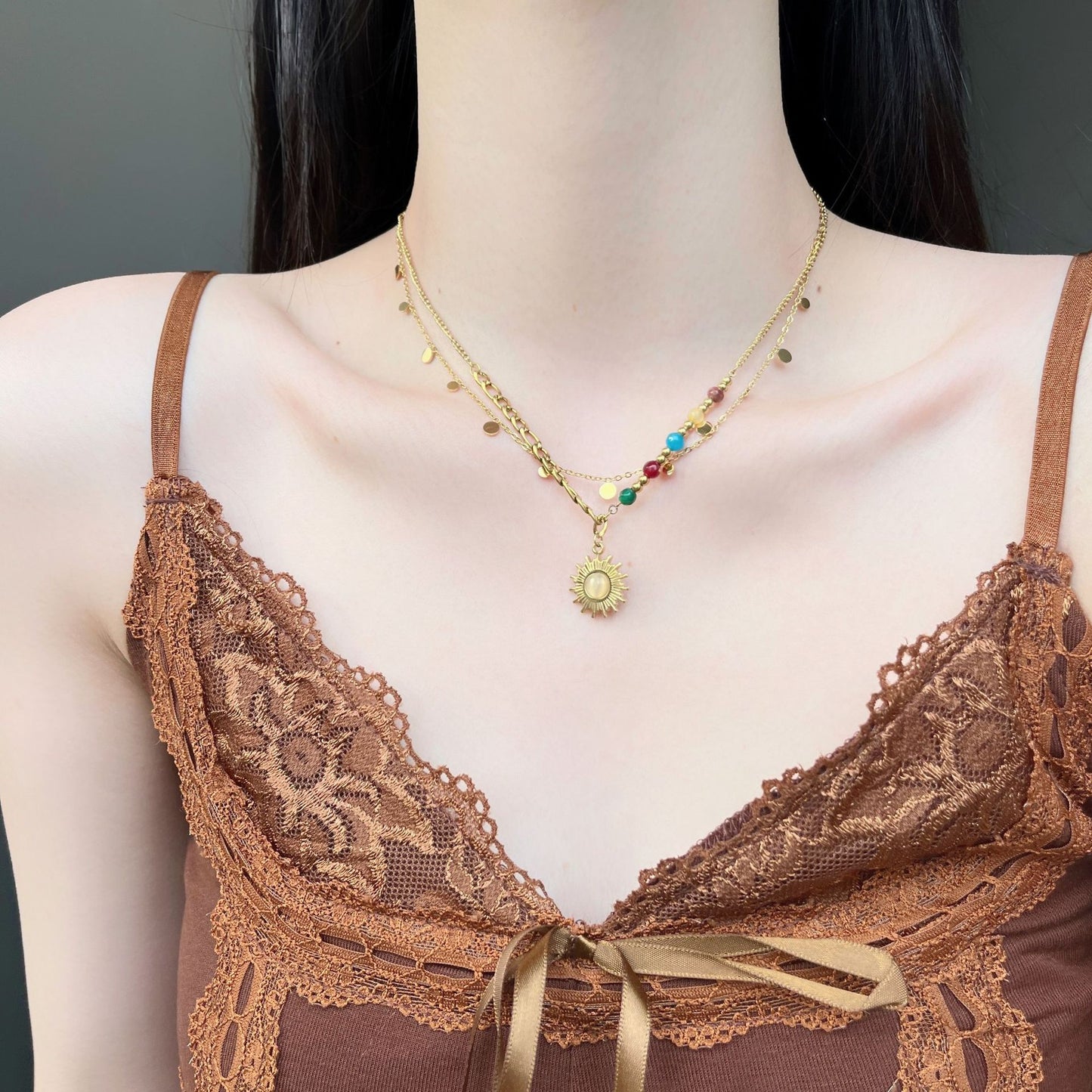 Women's Round Slice French Retro Beaded Sunflower Necklaces