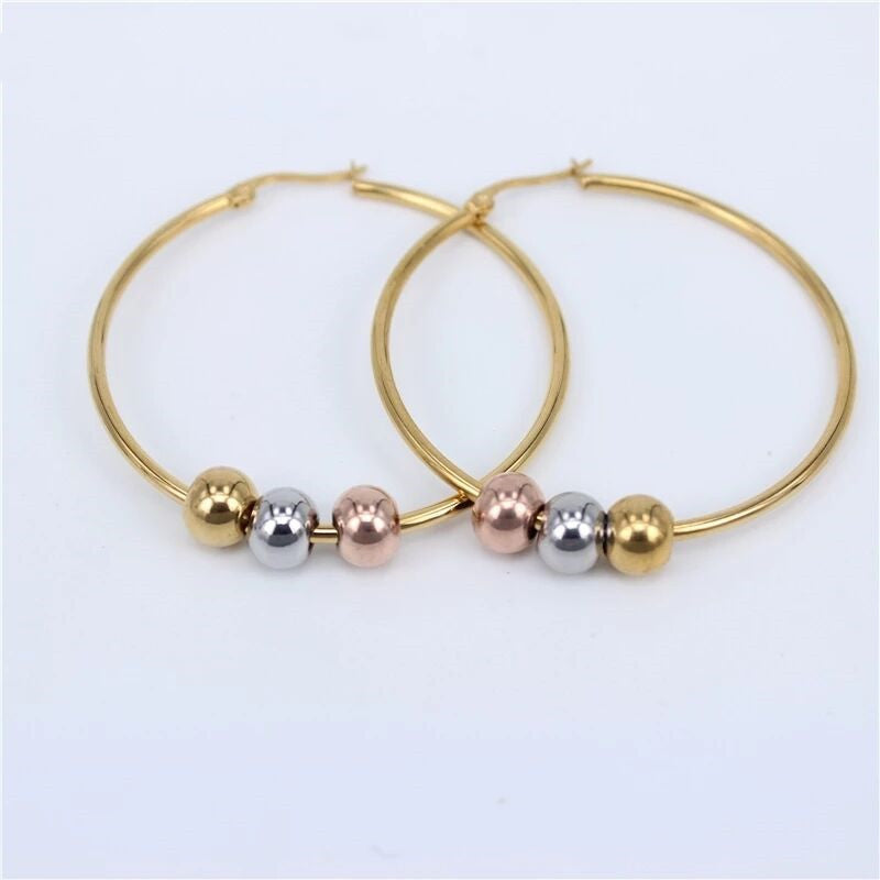 Simple Stainless Steel Three Colors Round Beads Eardrop Titanium Rings