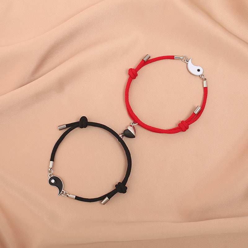 Women's & Men's Rope Black White Magnet Tai Couple Pair Bracelets