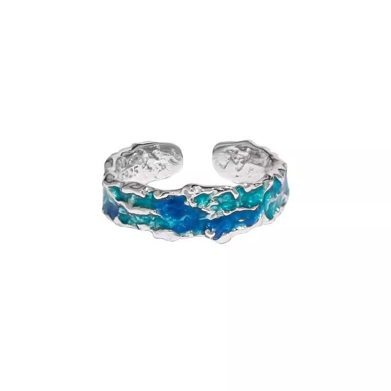 Women's Luxury Blue Green Drip Glazed Sterling Ring