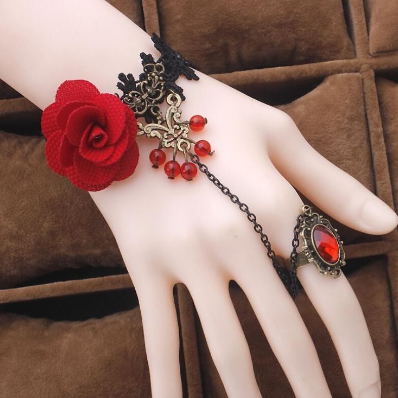 Punk Hand Jewelry Fashion Burgundy Flower Lace Bracelets