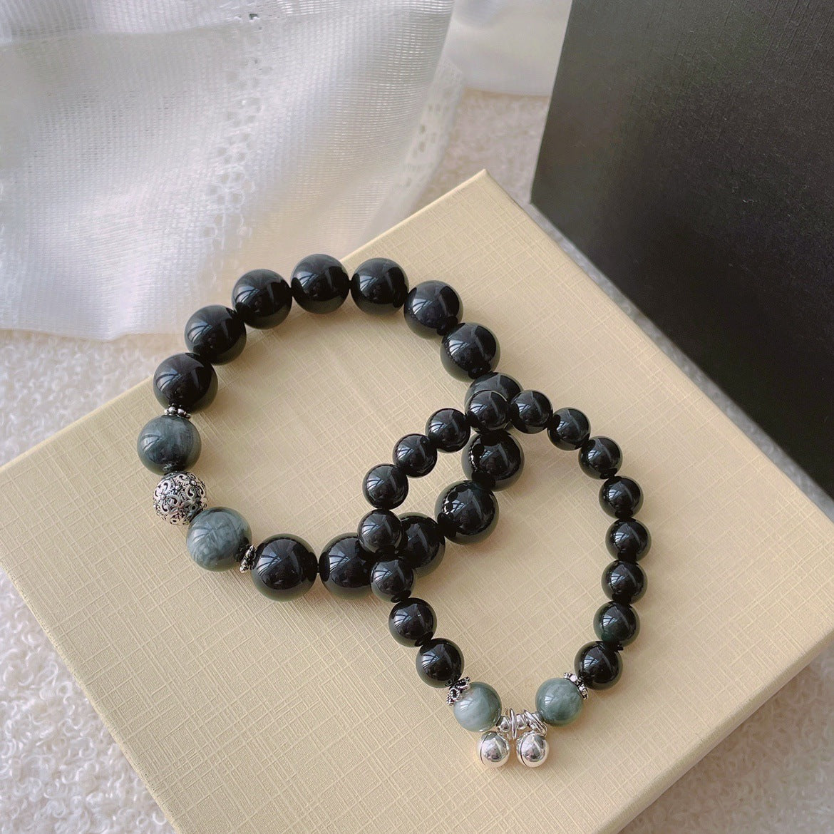 Women's & Men's Bell Obsidian One Pair Of Lovers Bracelets