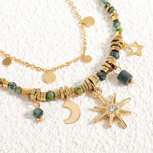 Vintage Colored Natural Stone Handmade Beaded Design Brass Necklaces