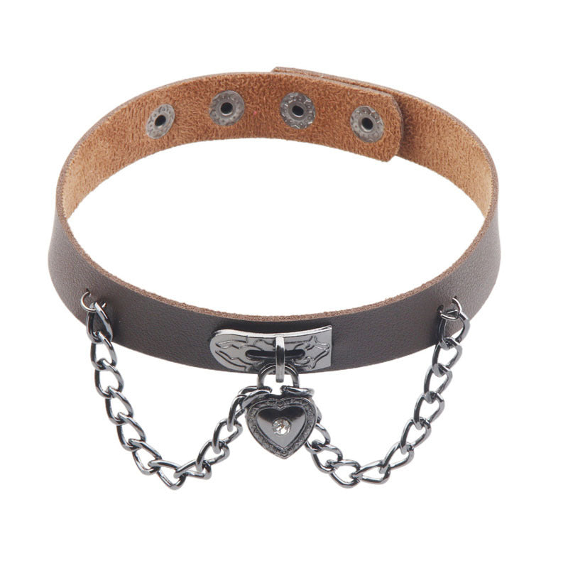 Dark Punk Heart Leather Chain Neck Band Peach Style Collar