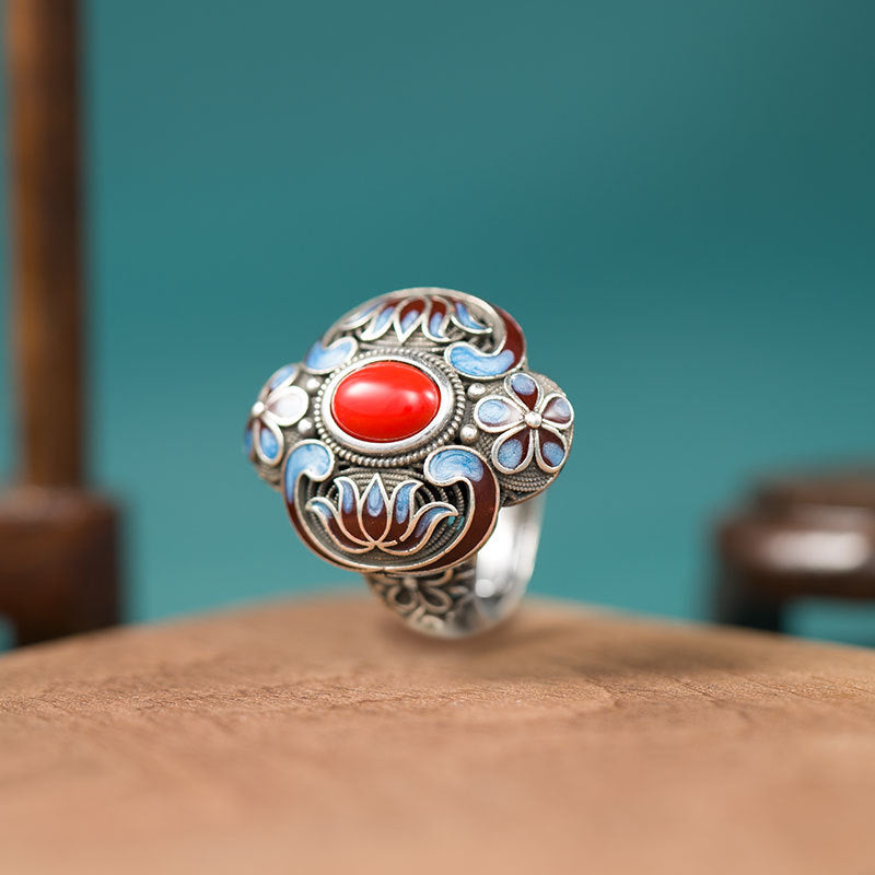 Women's Blue Craft White Gold Inlaid Imitation Jade Ethnic Rings