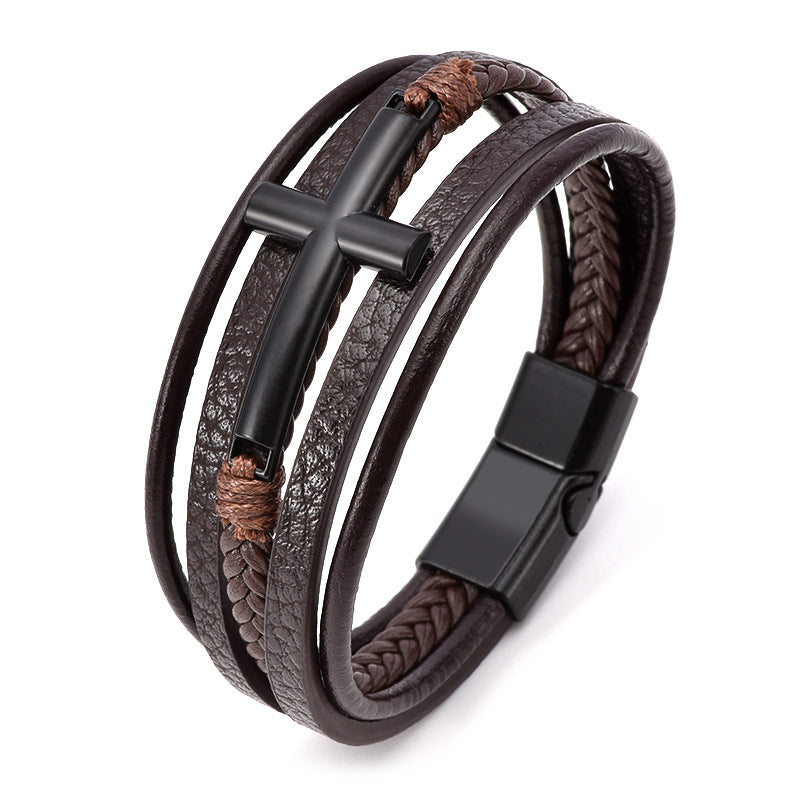 Men's Cross Leather Rope Braided Stainless Steel Bracelets