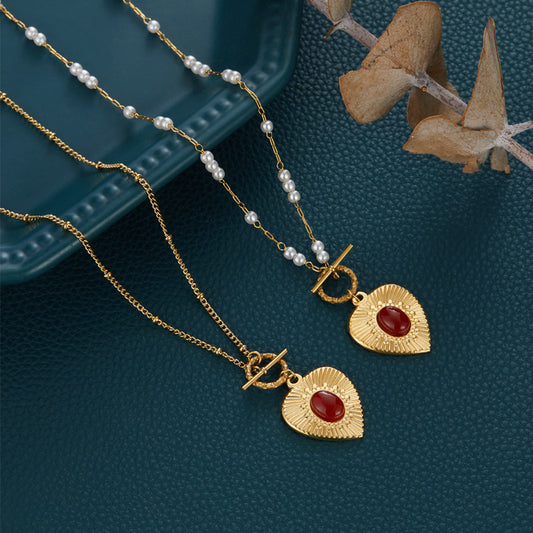 Women's Radiation Pattern Lovely Geometric Peach Heart Red Agate Necklaces