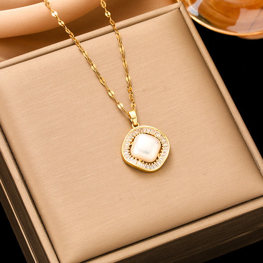 Gold Square Titanium Steel Versatile Zircon Necklaces