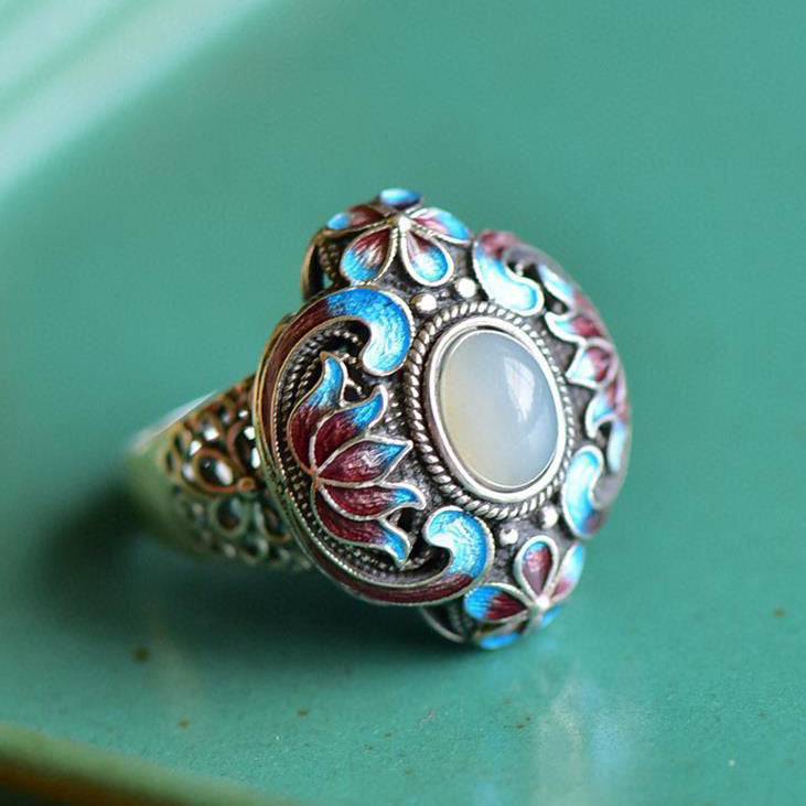 Women's Blue Craft White Gold Inlaid Imitation Jade Ethnic Rings