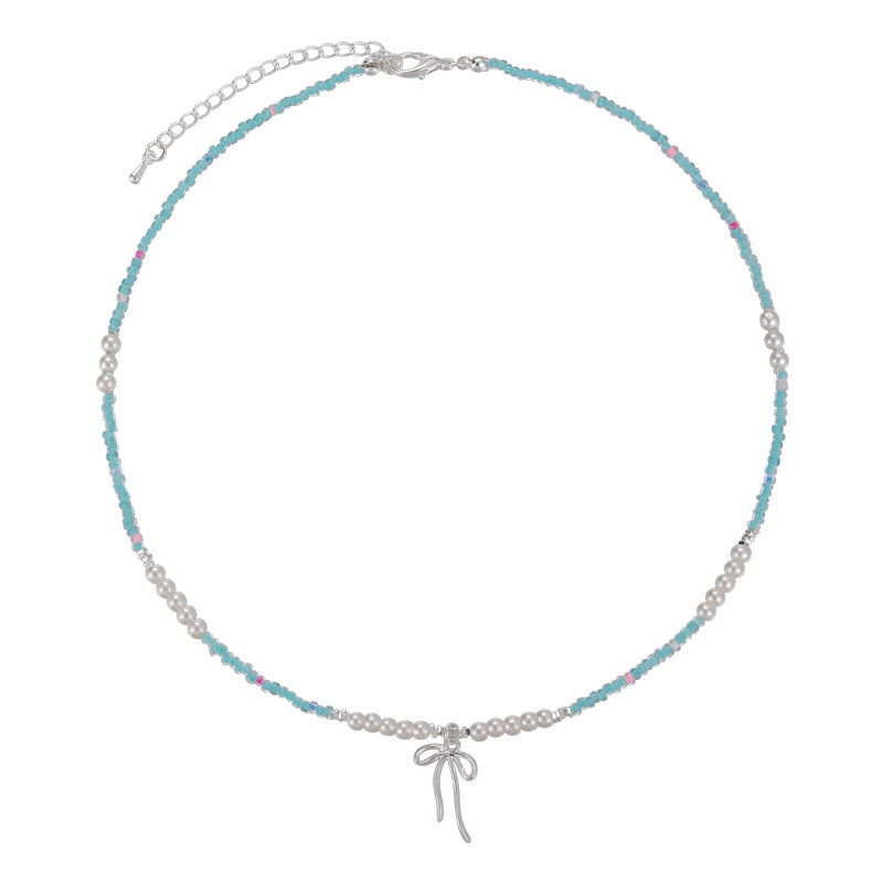 Summer Cool Color Short Blue Beaded Pearl Bow Clavicle Chain Necklaces