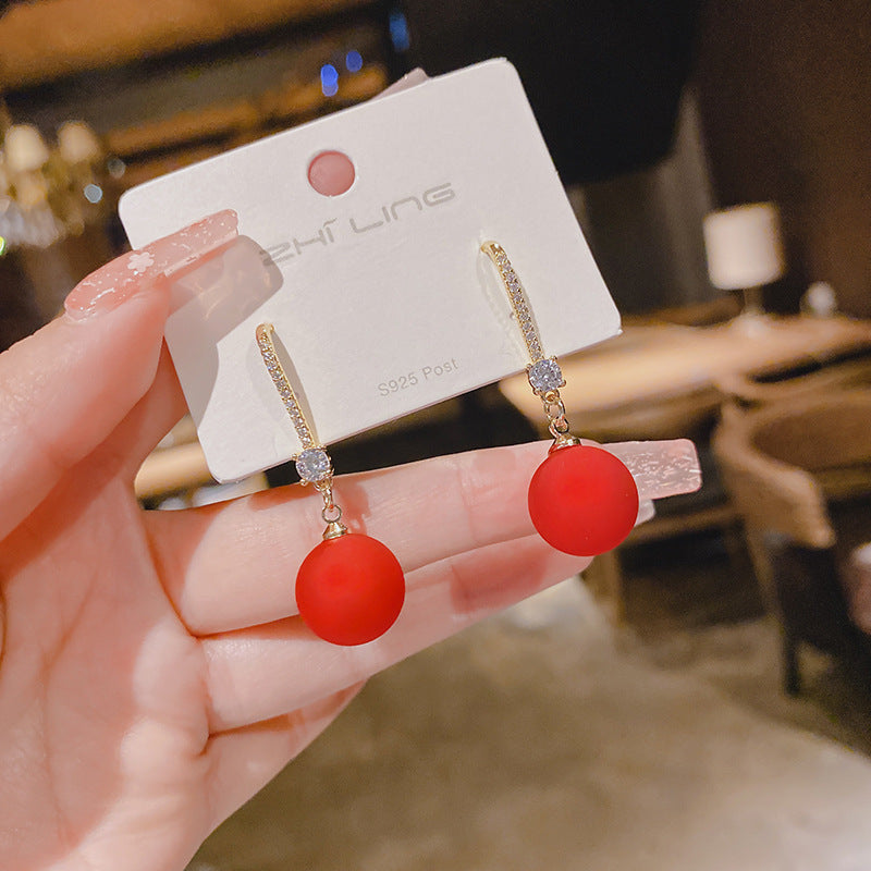Sier Needle Red Bell Ear Female Earrings