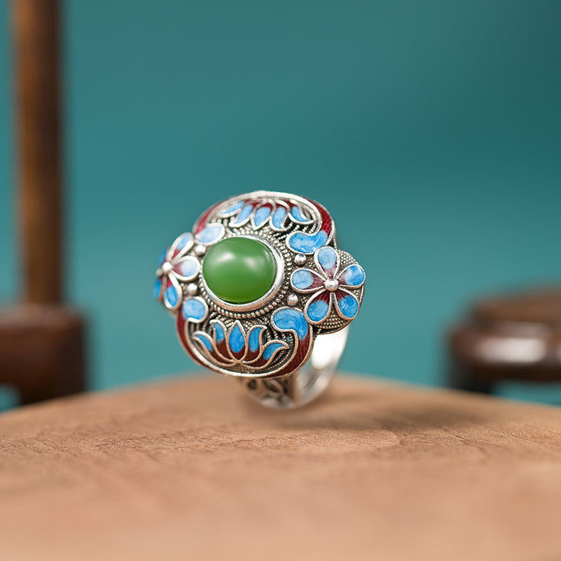 Women's Blue Craft White Gold Inlaid Imitation Jade Ethnic Rings