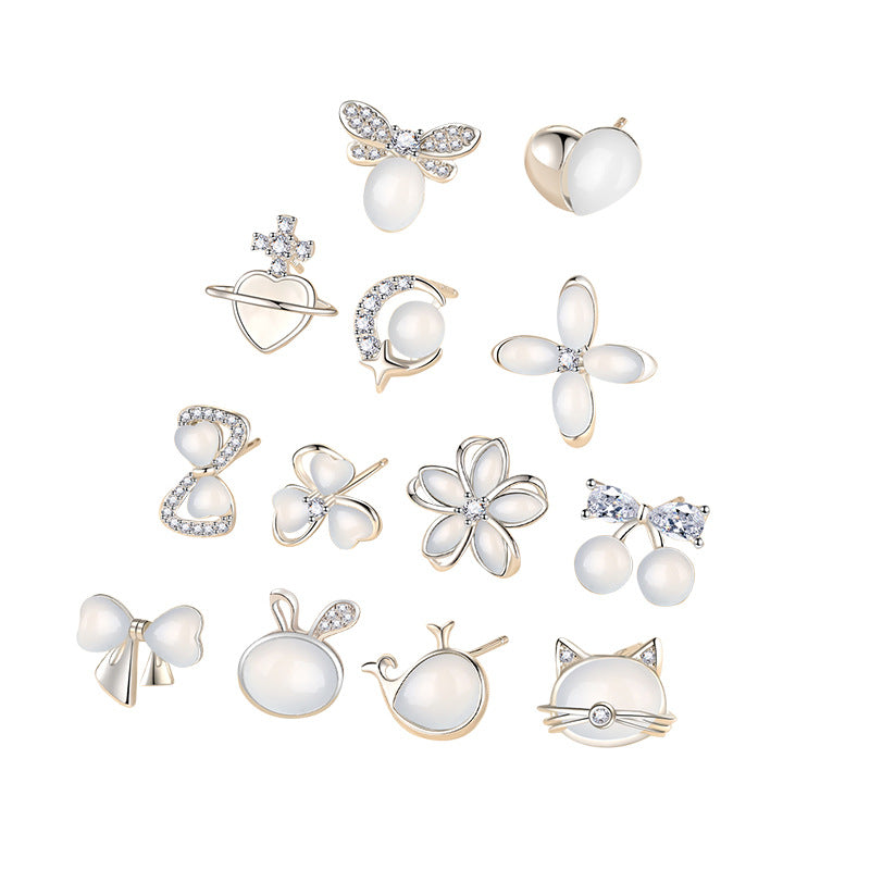 Opal Four Leaf Clover Ear Pure Sier Rings