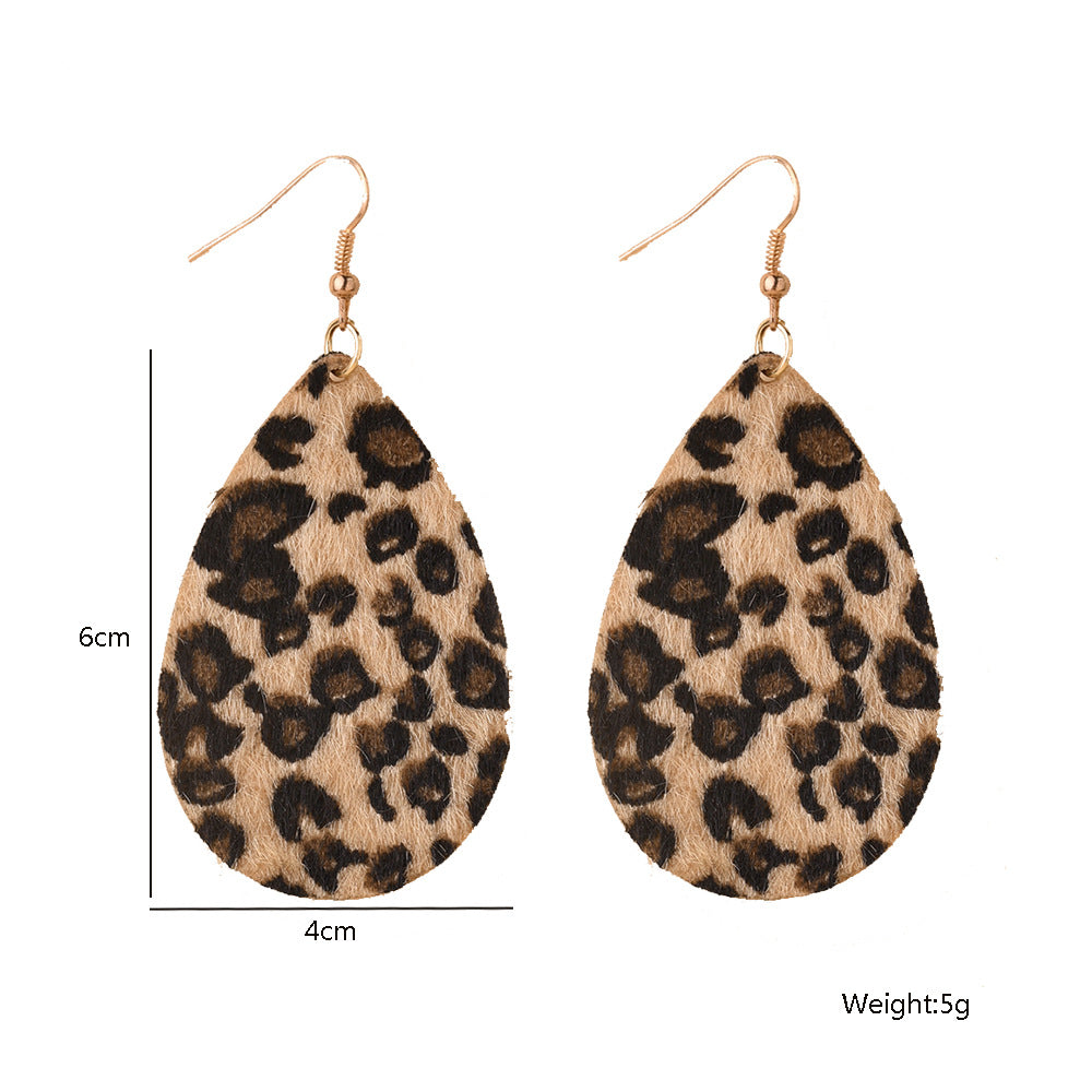 Women's Leather Horse Fur Print Hollow Water Earrings