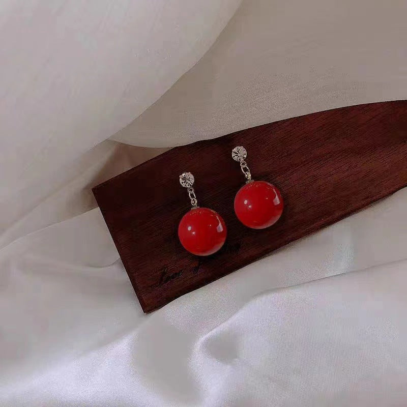 Women's Red Petal Elegant High-grade Round Face Earrings