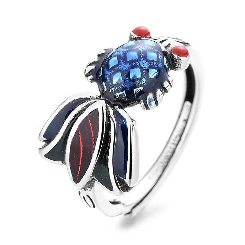 Old Enamel Burnt Blue Goldfish Female Ethnic Style Thai Sier Ring