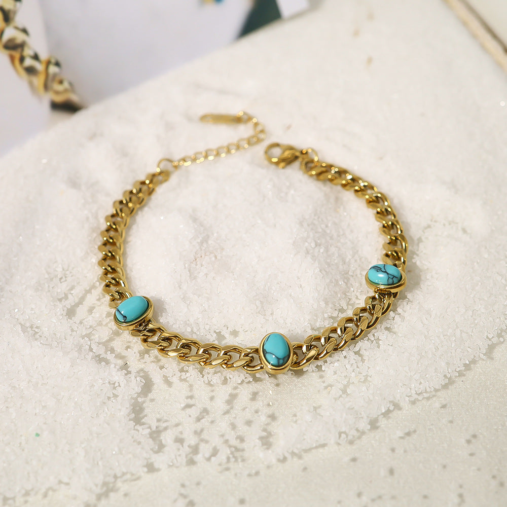 Natural Stone Mosaic Oval Turquoise Titanium Bracelets