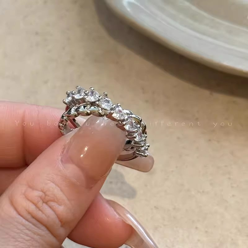 Light Luxury Cross Rhinestone Heart-shaped Open Female Design Fashionable Index Ring