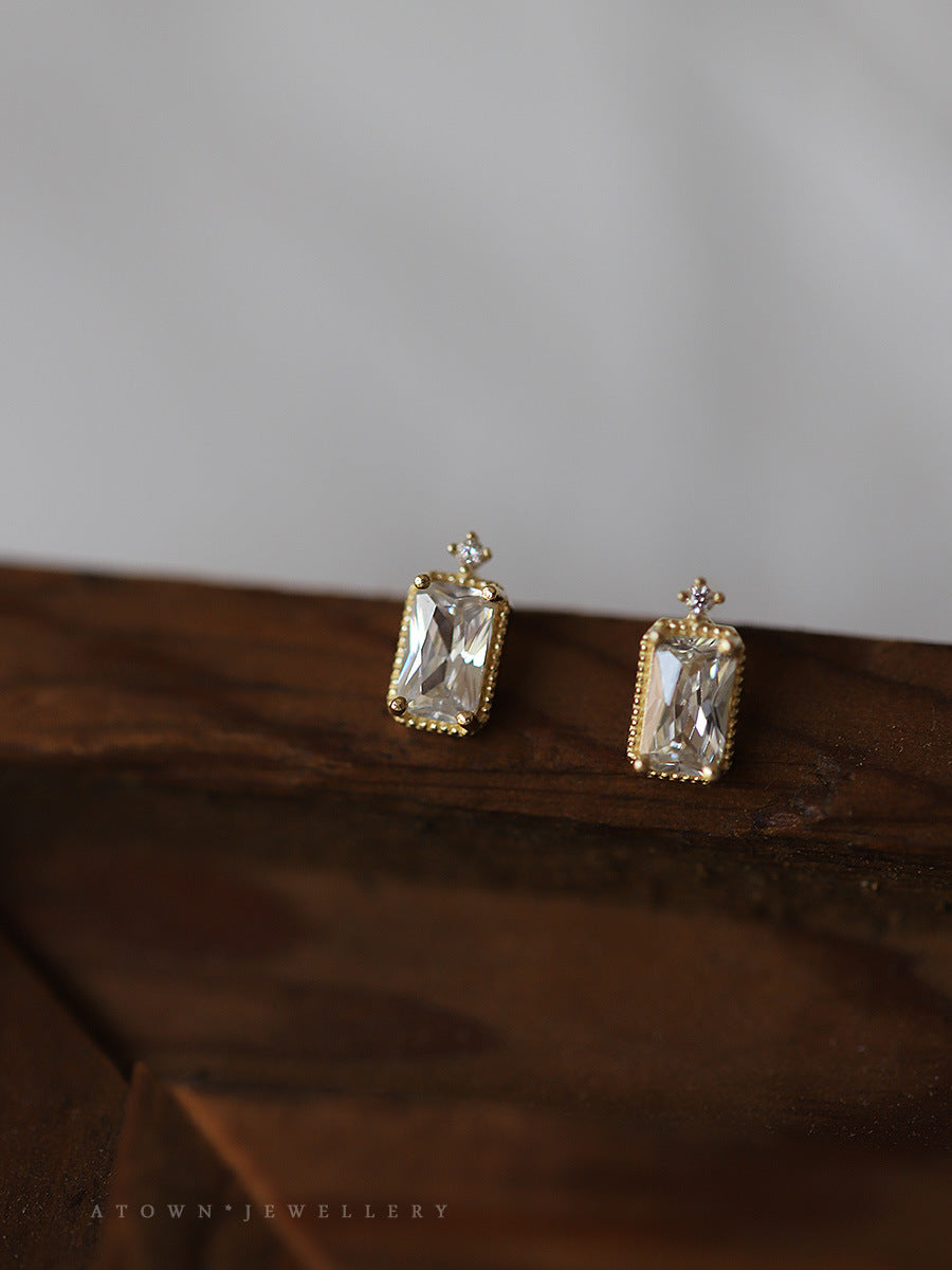 Gold Plated Ear Small Diamond Rectangular Earrings