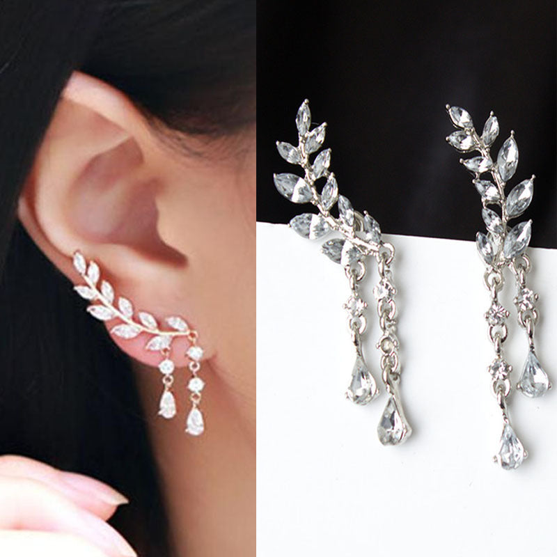 Sweet Rhinestone Popular Leaves Tassel Crystal Earrings