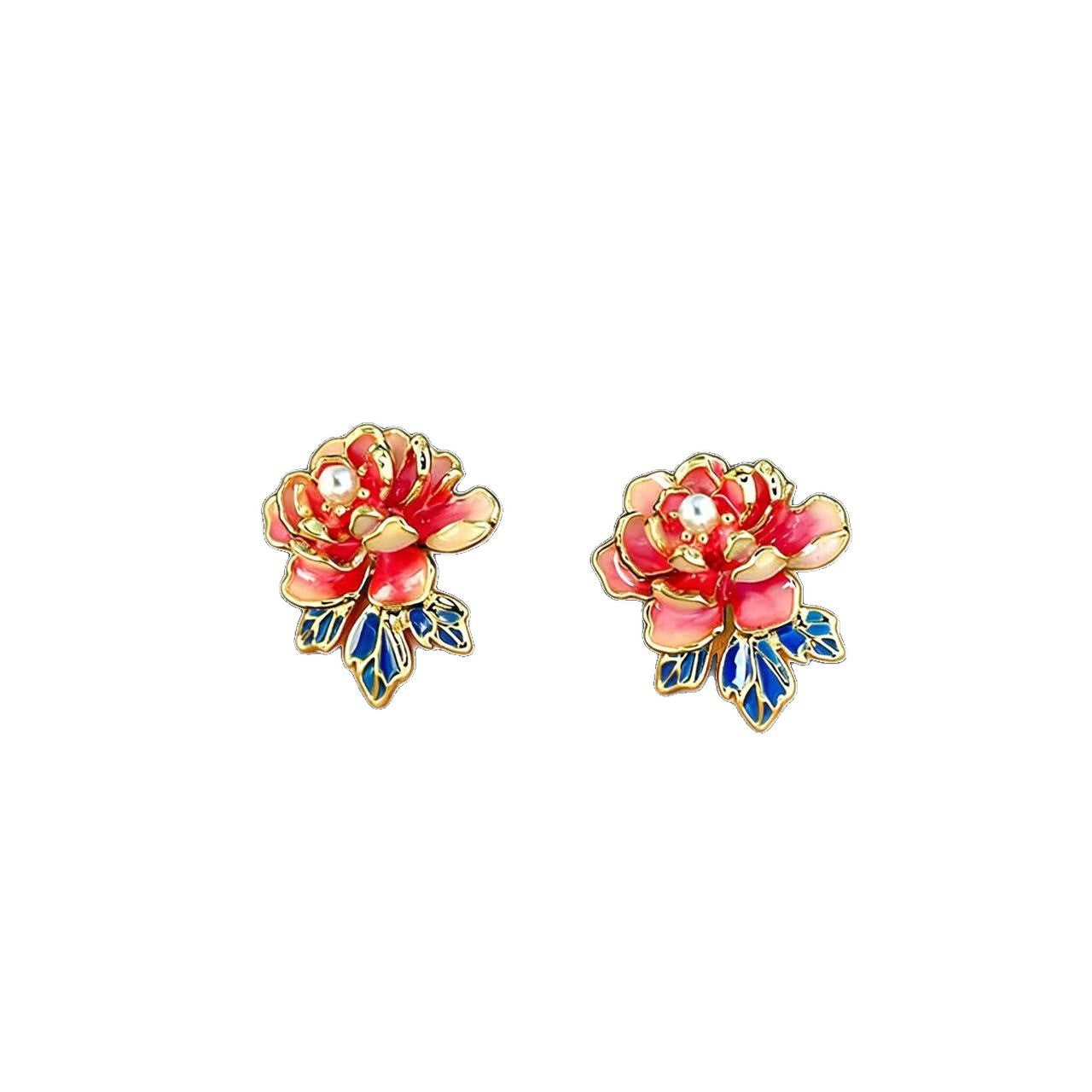 Peony Flower Light Luxury High Sense Glaze Earrings