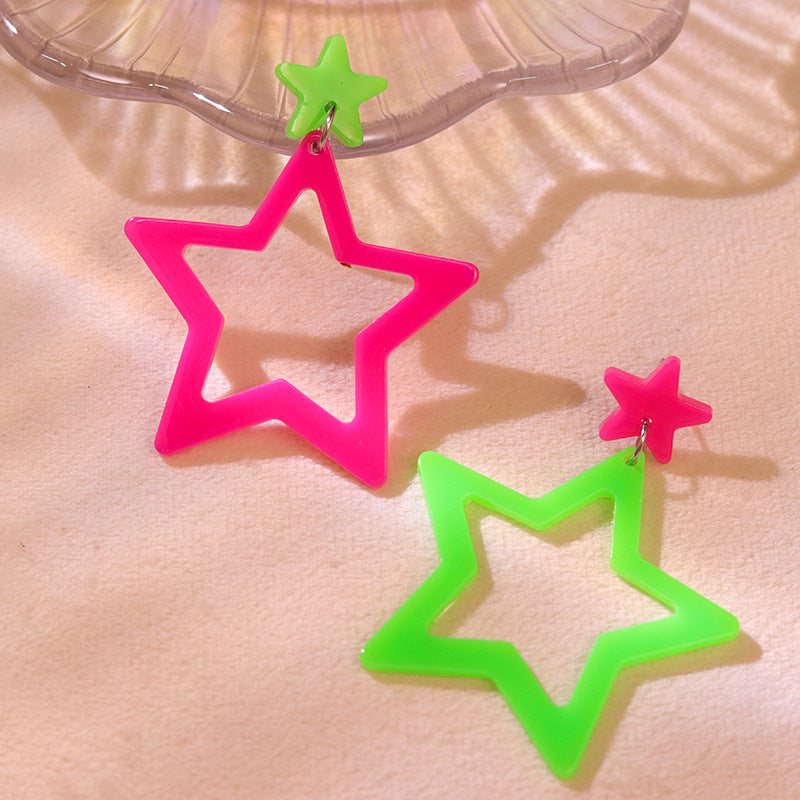 Exaggerated Trendy Fluorescent Color Hollow Pentagram Earrings