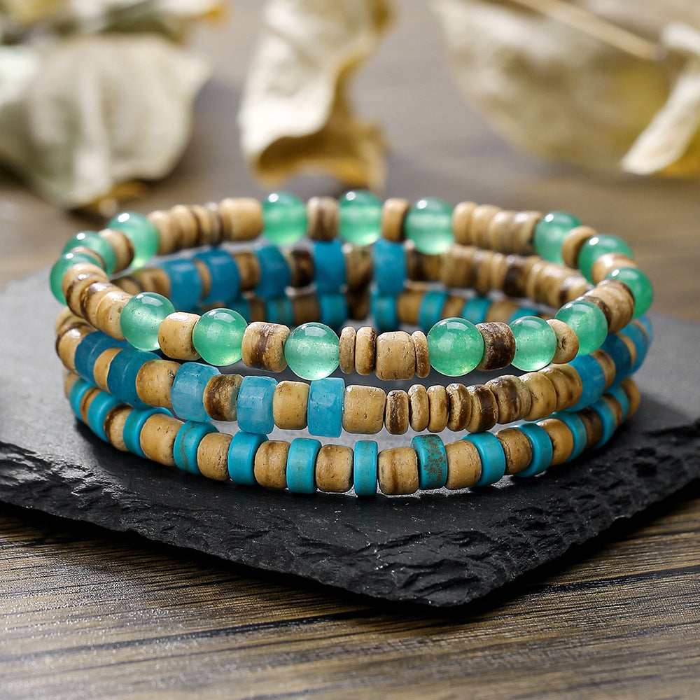Natural Stone Wood Piece Coconut Shell Stretch Beaded Suit Bracelets