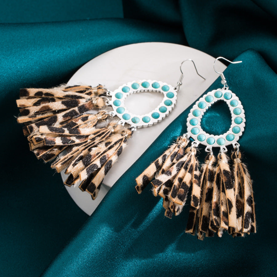 Alloy Inlaid Turquoise Exaggerated Leather Tassel Earrings