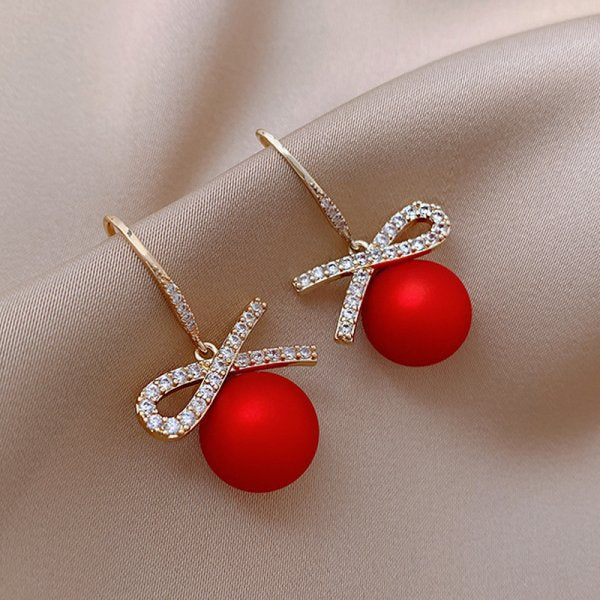 Women's Red Series Christmas Bowknot Crystal Flowers Earrings