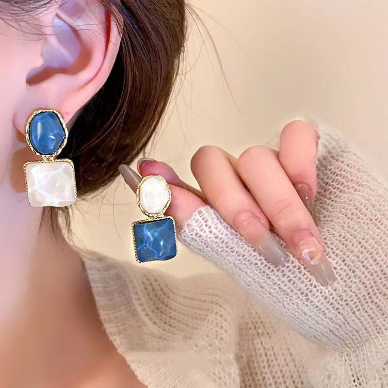 Asymmetric Square Ice Cube Texture Eardrops Contrast Color Transparent Three-dimensional Rings