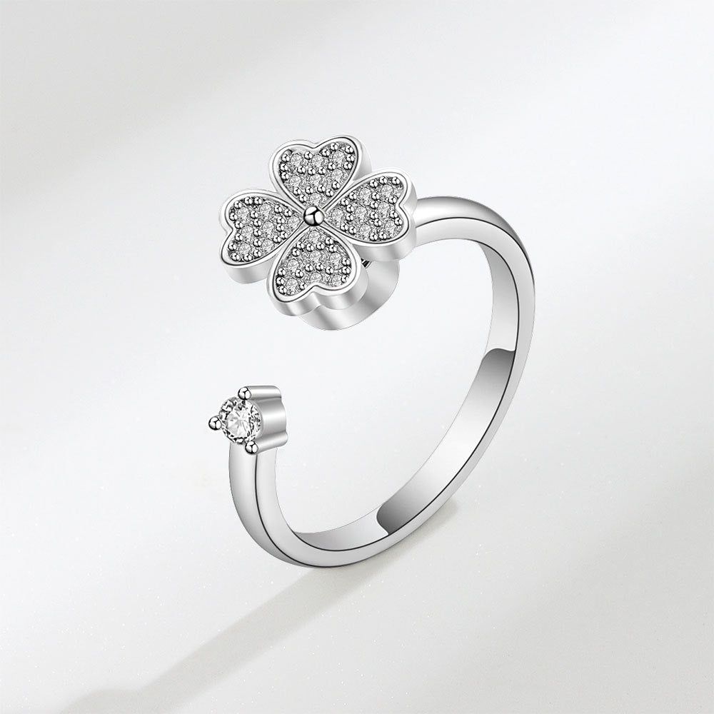 Sier Anxiety Spinning Adjustable Rotating Clover Zircon Female Rings