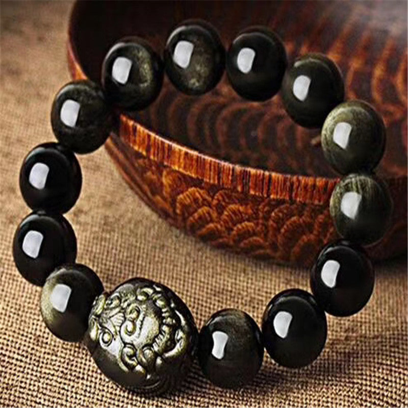 For Natural Mexican Obsidian Gold Lucky Pig Bracelets
