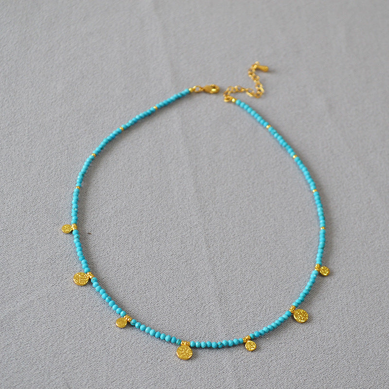 Retro Lapis Turquoise Beaded Gold Coin Simple Temperament Pendants