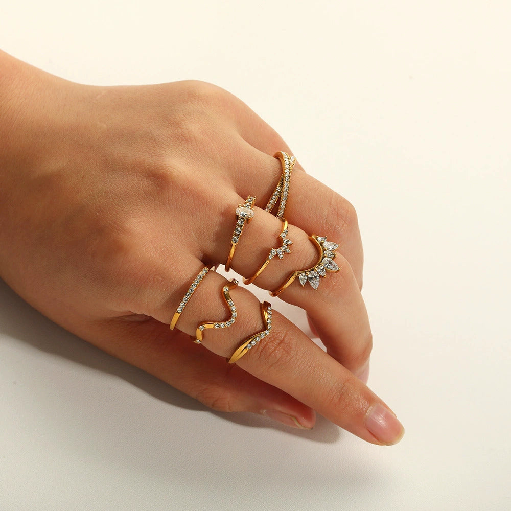Special Interest Light Luxury Design Gold Stainless Steel Inlaid Zircon Rings