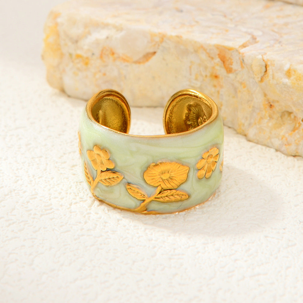 Titanium Steel Rose Oil Dripping Open Retro High-grade Flower Female Ring