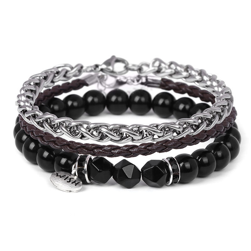 Men's Beads Hoop White Turquoise Leather Steel Bracelets