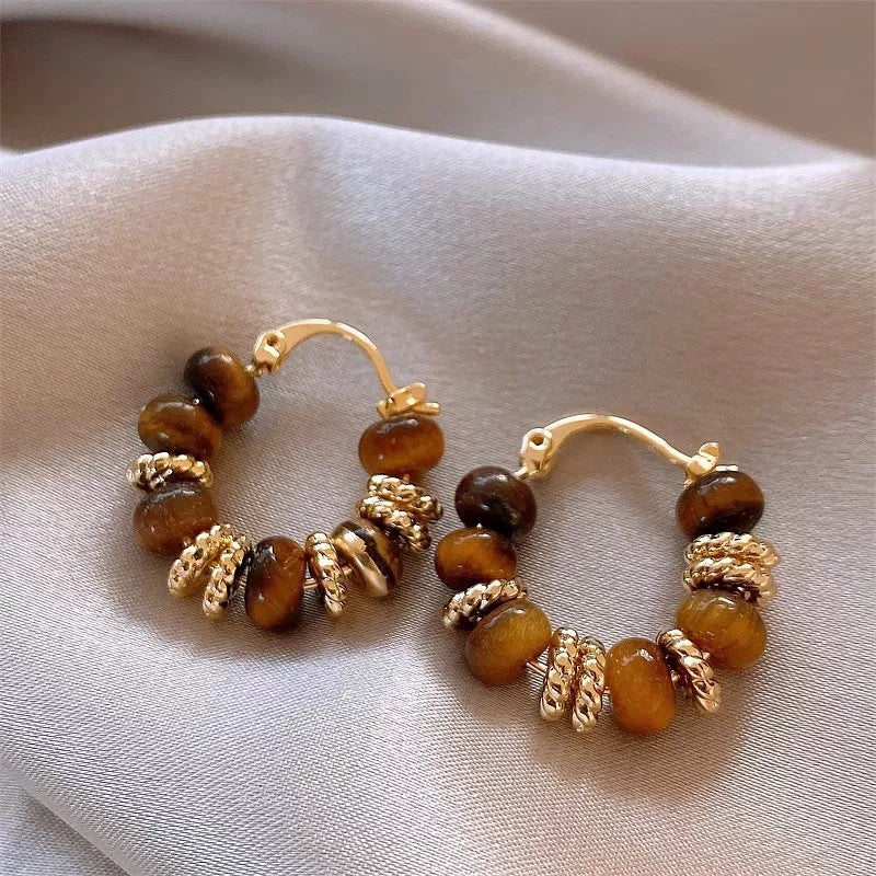 Tigereye Sier Needle Double Ball Texture Earrings