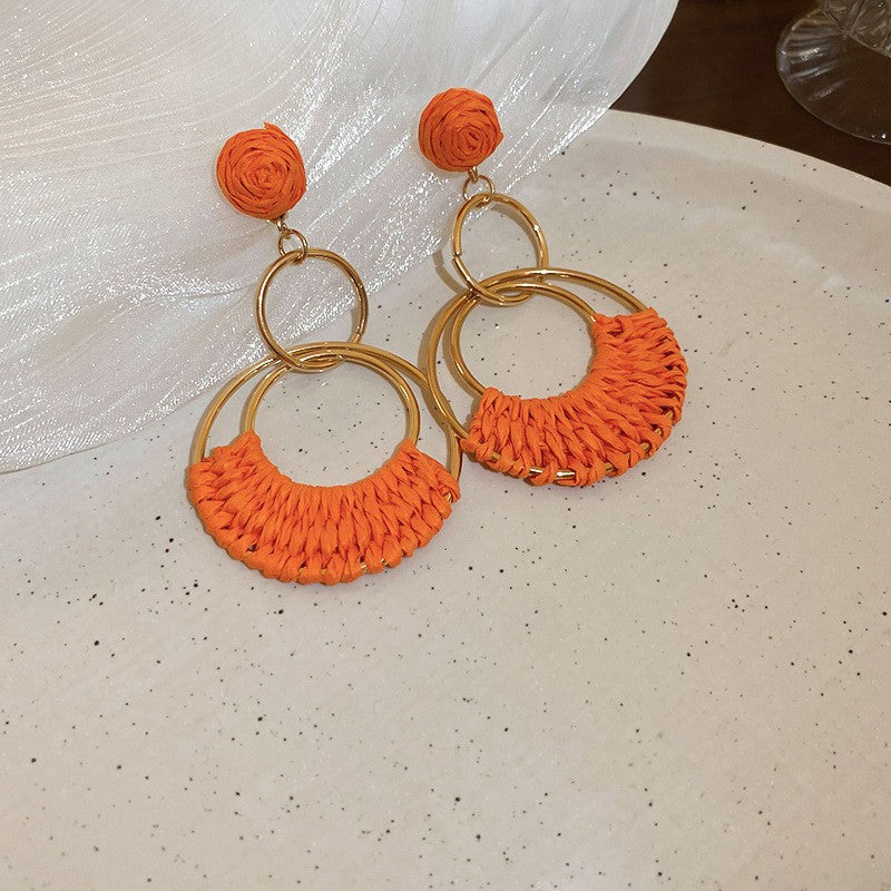 Style Sier Needle Resin Rattan Beads Round Fashion Earrings