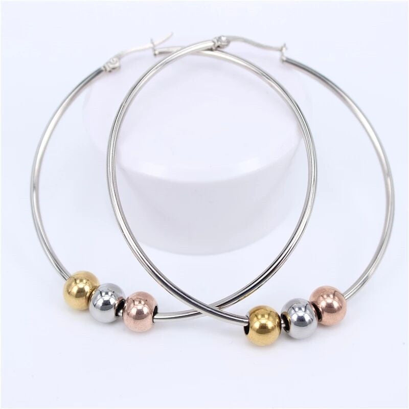 Simple Stainless Steel Three Colors Round Beads Eardrop Titanium Rings