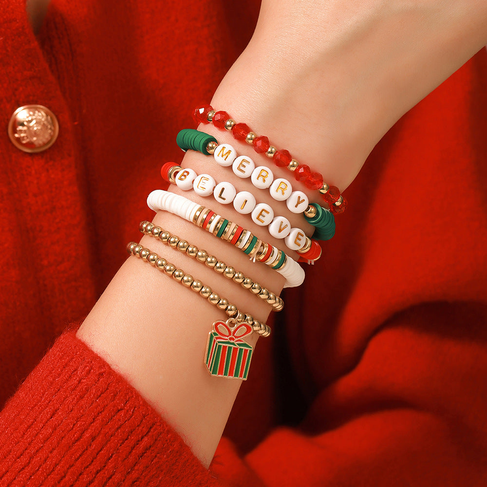 Red Green Christmas Letter Polymer Clay Bracelets