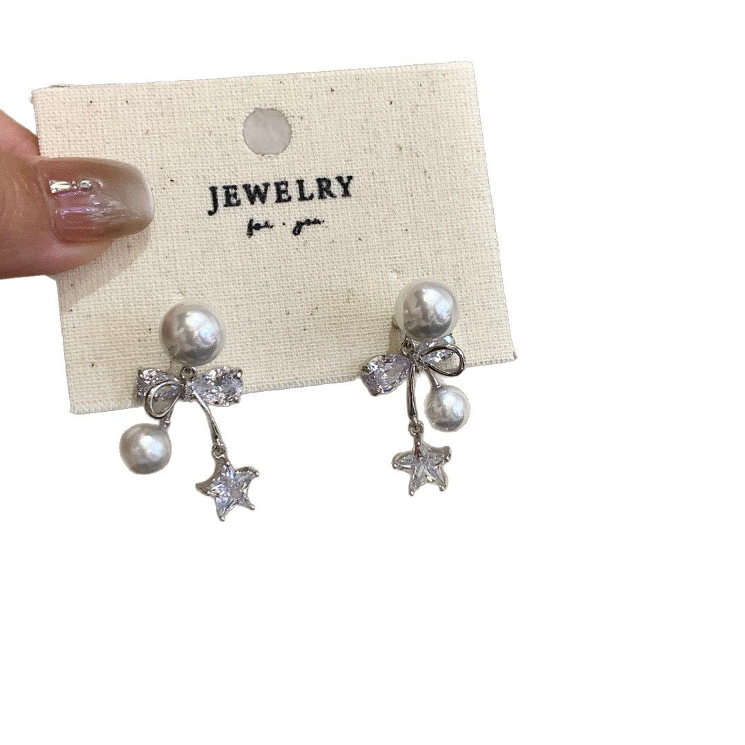Women's Minority Design Zircon Pearl Bow Front Back Fashionable Earrings
