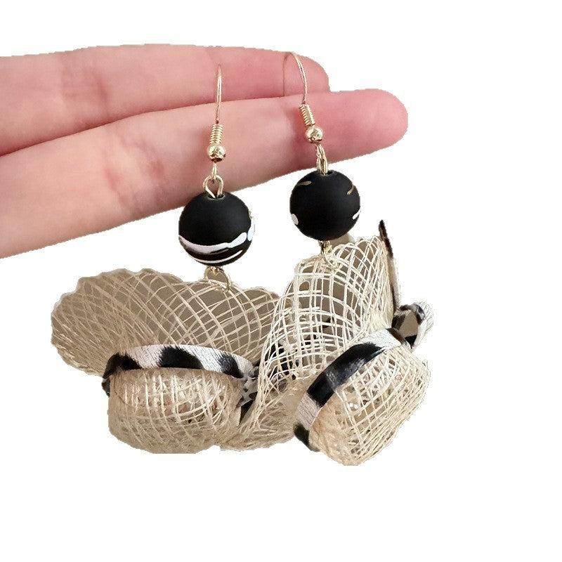 Vacation Style Chic Straw Hat Leopard Bow Niche Retro Design Earrings