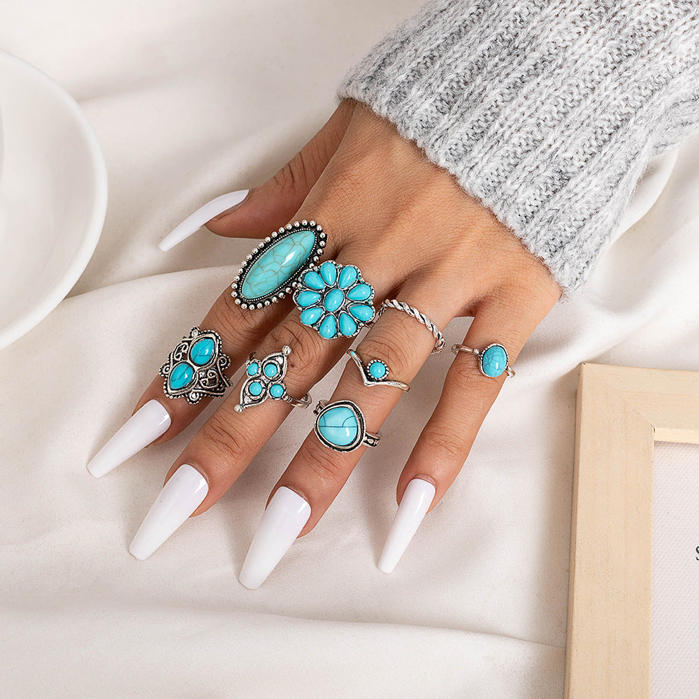 Vintage Boho Turquoise Floral Twist Pieces Rings