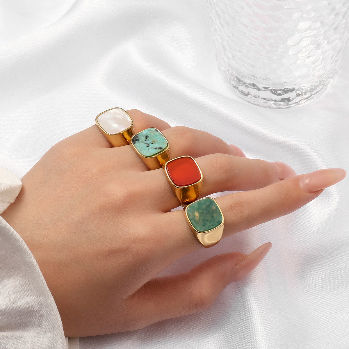 Steel Yellow Tiger Natural Stone Female Green Gold Jewelry Rings