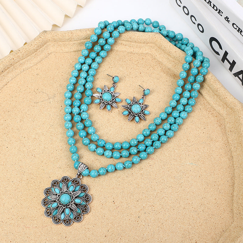 Retro Flower Turquoise Western Style Exaggerated Buddha Rings